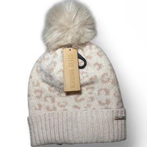 Steve Madden Cream Leopard Pom-Pom Beanie